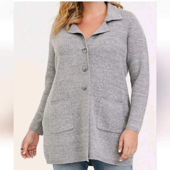 Torrid Sweater Coat Woman Plus Sz 2X Gray Knit Notch Collar Button Pockets Read - Picture 12 of 12